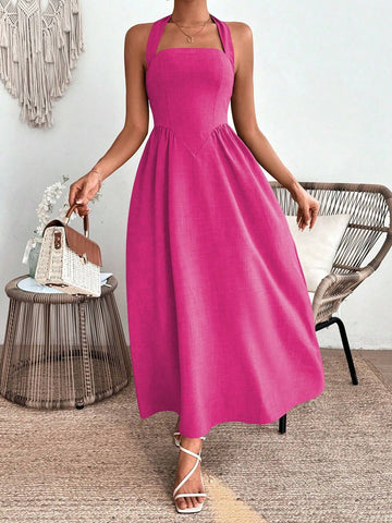 Women's Summer Elegant Solid Color High Waist Tie-Neck Halter Dress