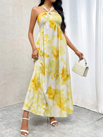 Women's Summer Elegant Vacation Romantic Date Party Music Festival Floral Tie-Dye Print Pleated A