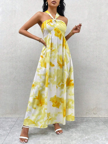 Women's Summer Elegant Vacation Romantic Date Party Music Festival Floral Tie-Dye Print Pleated A