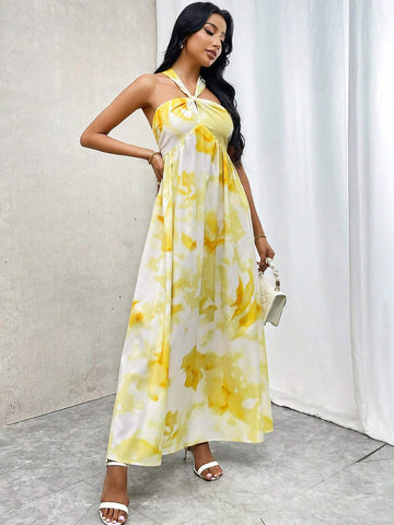 Women's Summer Elegant Vacation Romantic Date Party Music Festival Floral Tie-Dye Print Pleated A