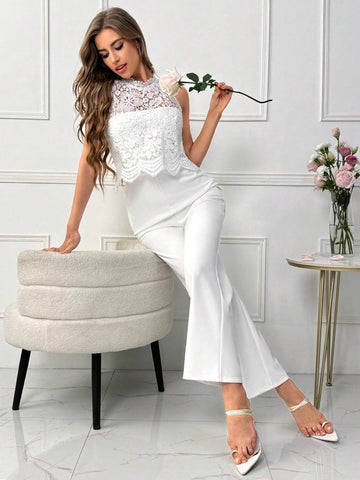 Women's Summer Elegant White Lace Spliced Backless Wide Leg Jumpsuit, Perfect For Vacation, Date And Wedding Season