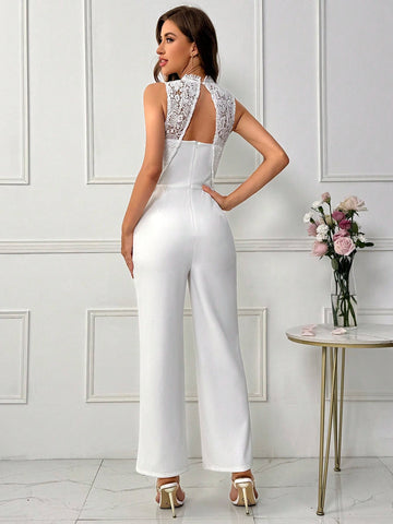 Women's Summer Elegant White Lace Spliced Backless Wide Leg Jumpsuit, Perfect For Vacation, Date And Wedding Season