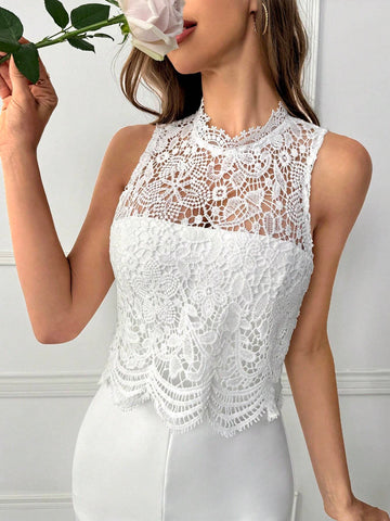 Women's Summer Elegant White Lace Spliced Backless Wide Leg Jumpsuit, Perfect For Vacation, Date And Wedding Season