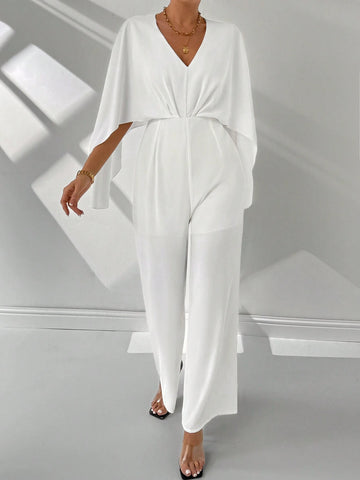Women's Summer Elegant White V-Neck Pleated Split Bell Sleeve Drawstring Wide-Leg Pants