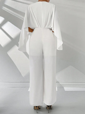 Women's Summer Elegant White V-Neck Pleated Split Bell Sleeve Drawstring Wide-Leg Pants
