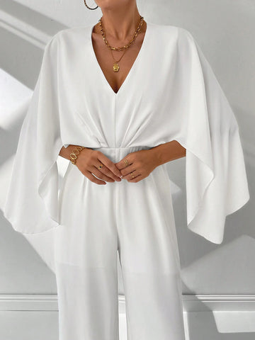 Women's Summer Elegant White V-Neck Pleated Split Bell Sleeve Drawstring Wide-Leg Pants