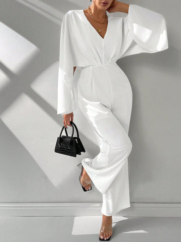 Women's Summer Elegant White V-Neck Pleated Split Bell Sleeve Drawstring Wide-Leg Pants