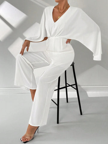 Women's Summer Elegant White V-Neck Pleated Split Bell Sleeve Drawstring Wide-Leg Pants