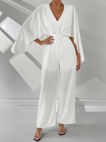 Women's Summer Elegant White V-Neck Pleated Split Bell Sleeve Drawstring Wide-Leg Pants
