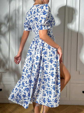 Women's Summer Floral Long Elegant Dress With Overlapping V-Neckline, Puff Sleeves And Split Hem
