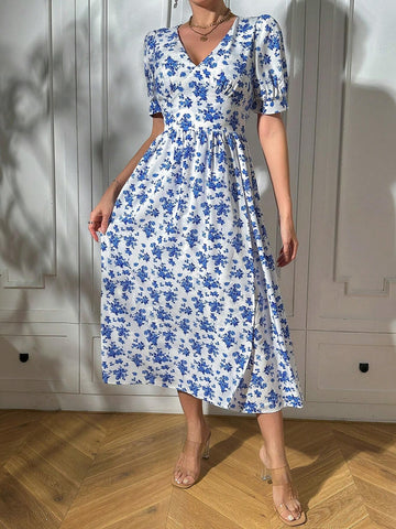 Women's Summer Floral Long Elegant Dress With Overlapping V-Neckline, Puff Sleeves And Split Hem