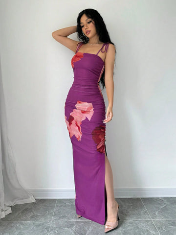 Women's Summer Floral Printed Side Slit Long Bodycon Pleated Cami Dress