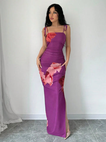 Women's Summer Floral Printed Side Slit Long Bodycon Pleated Cami Dress