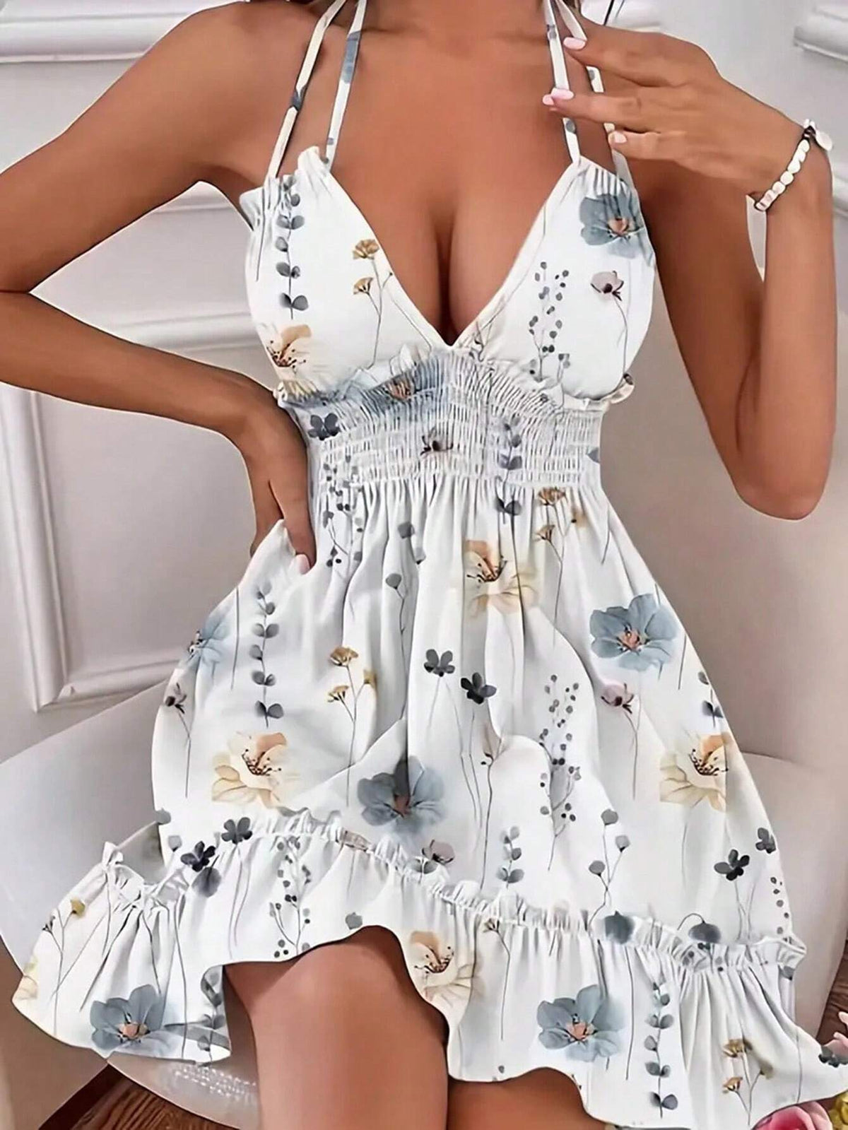 Women's Summer Holiday Floral Print Halter Neck Backless Wrap Waist Dress