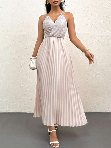 Women's Summer Khaki Cross Back V-Neck Pleated A-Line Long Dress With Folded Edges