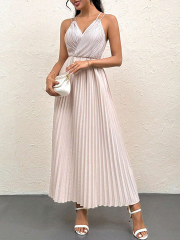 Women's Summer Khaki Cross Back V-Neck Pleated A-Line Long Dress With Folded Edges