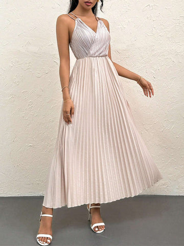 Women's Summer Khaki Cross Back V-Neck Pleated A-Line Long Dress With Folded Edges
