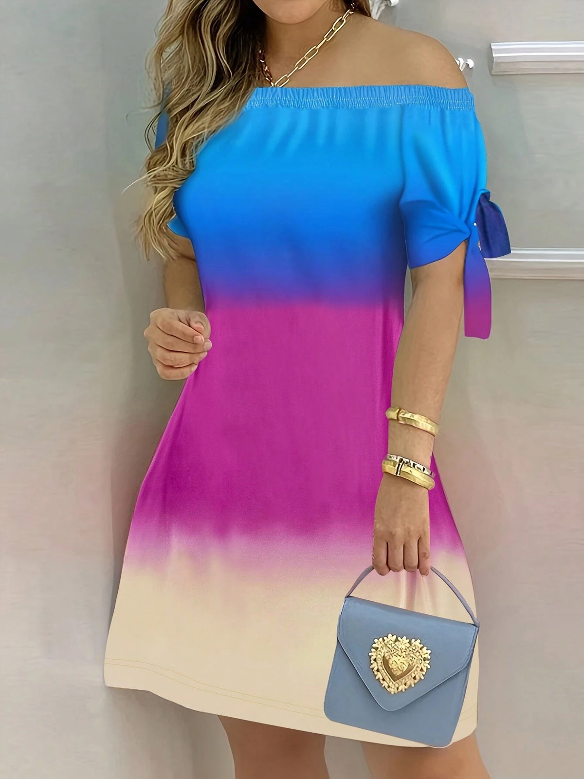 Women's Summer Ombre One Shoulder Short Sleeve Strap Dress