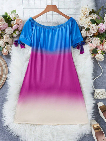 Women's Summer Ombre One Shoulder Short Sleeve Strap Dress