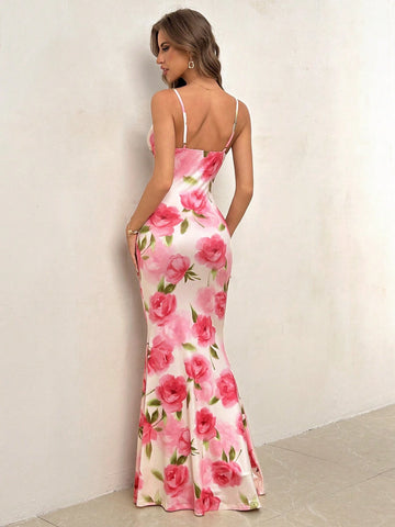 Women's Summer Romantic Elegant Floral Print Spaghetti Strap Deep Draped Neck Bodycon Pencil