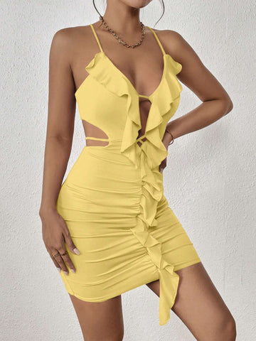 Women's Summer Ruffle Bodycon Criss Cross Spaghetti Strap Dress