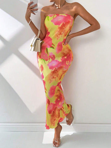 Women's Summer Simple And Elegant Gradient Pattern Back Bow Tie Waist And Hip Hugging