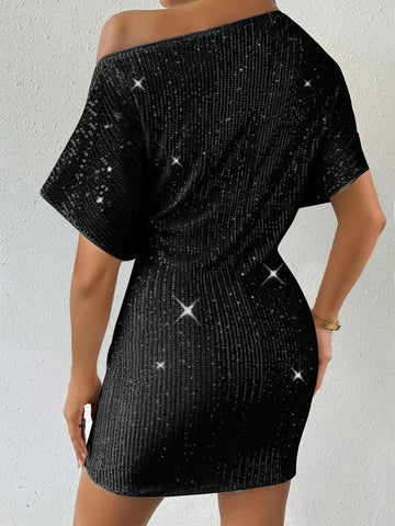 Women's Summer Slim Asymmetrical Neck Glitter Party Dress