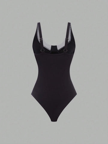 Women's Summer Slim Fit Black & White Color Block Sleeveless Bodysuit