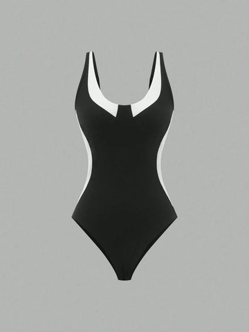 Women's Summer Slim Fit Black & White Color Block Sleeveless Bodysuit