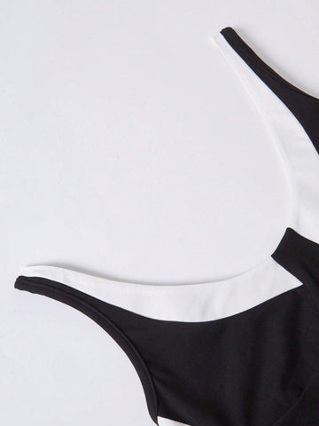 Women's Summer Slim Fit Black & White Color Block Sleeveless Bodysuit