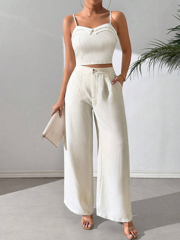 Women's Summer Solid Color Camisole Top And Wide-Leg Pants Casual Two-Piece Set
