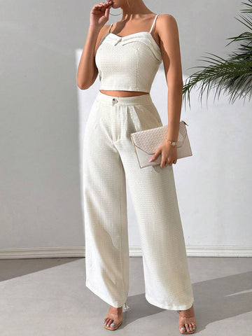 Women's Summer Solid Color Camisole Top And Wide-Leg Pants Casual Two-Piece Set