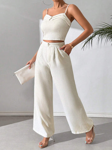 Women's Summer Solid Color Camisole Top And Wide-Leg Pants Casual Two-Piece Set
