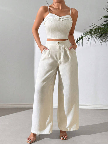 Women's Summer Solid Color Camisole Top And Wide-Leg Pants Casual Two-Piece Set