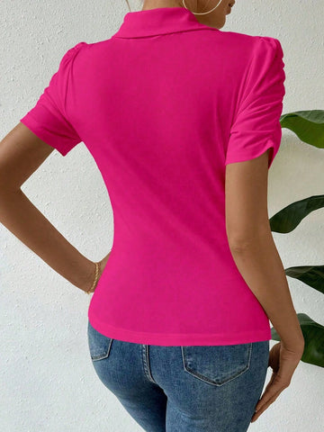 Privé Women's Summer Solid Color Pleated Single-Breasted Short Puff Sleeve Slim Fit T-Shirt