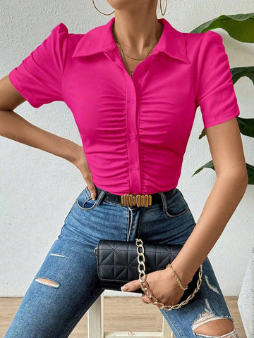 Privé Women's Summer Solid Color Pleated Single-Breasted Short Puff Sleeve Slim Fit T-Shirt