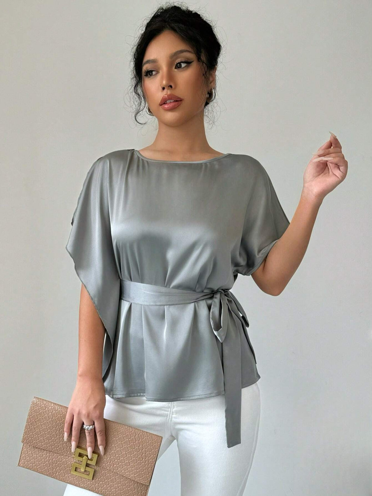 Privé Women's Summer Solid Color Round Neck Batwing Sleeve Elegant Satin Blouse With Tied Straps