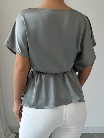 Privé Women's Summer Solid Color Round Neck Batwing Sleeve Elegant Satin Blouse With Tied Straps