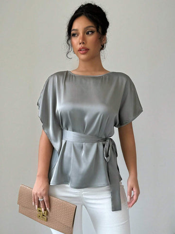 Privé Women's Summer Solid Color Round Neck Batwing Sleeve Elegant Satin Blouse With Tied Straps