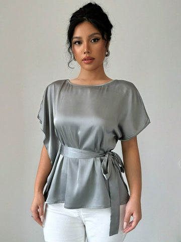 Privé Women's Summer Solid Color Round Neck Batwing Sleeve Elegant Satin Blouse With Tied Straps