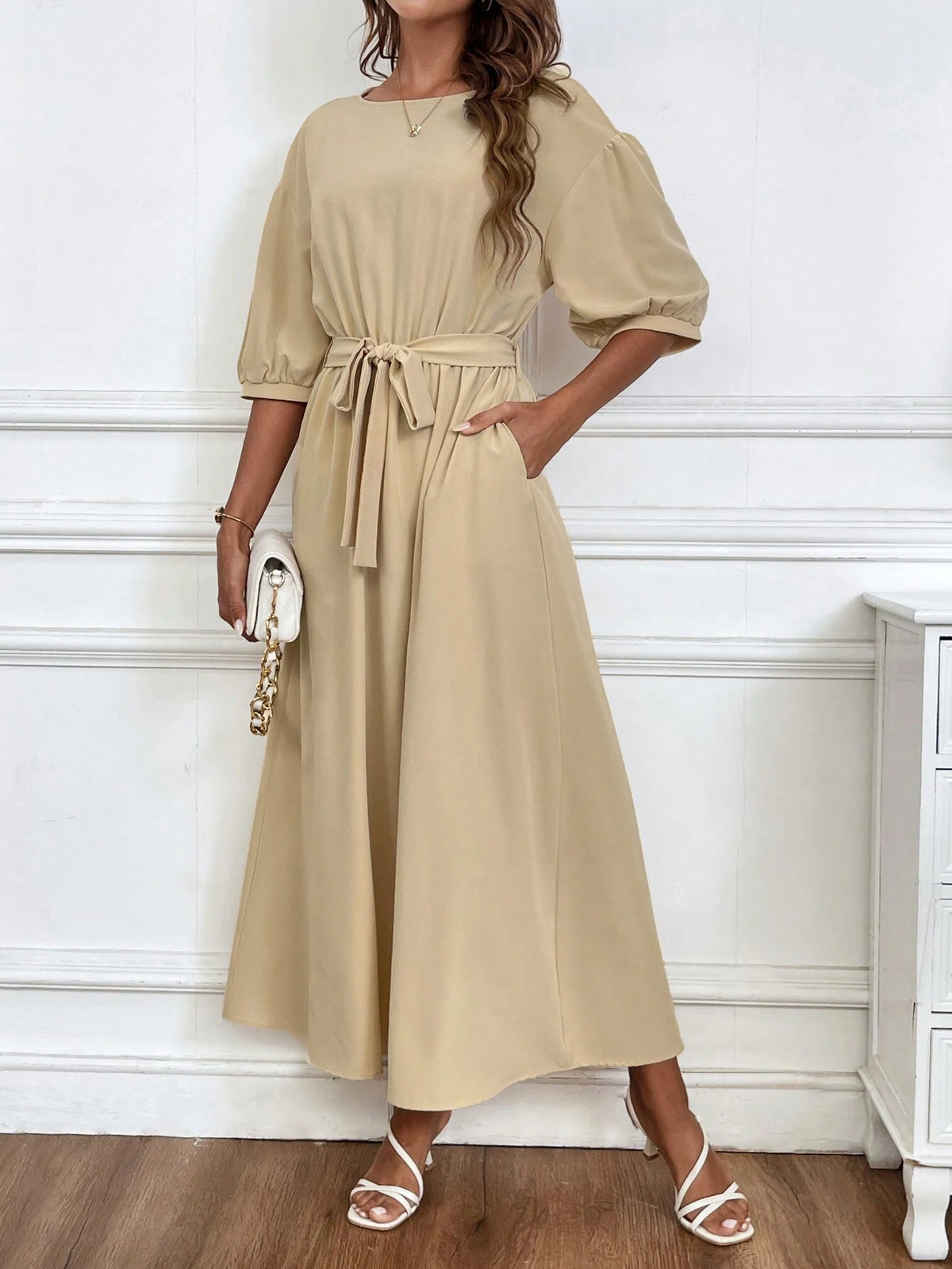 Women's Summer Solid Color Round Neck Drop Shoulder Short Sleeve Waist Tie Pocket Dress