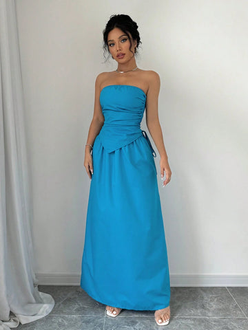 Women's Summer Solid Color Shirred Front Strapless Top And Long Skirt Set, Non-Iron Fabric