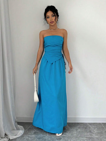 Women's Summer Solid Color Shirred Front Strapless Top And Long Skirt Set, Non-Iron Fabric