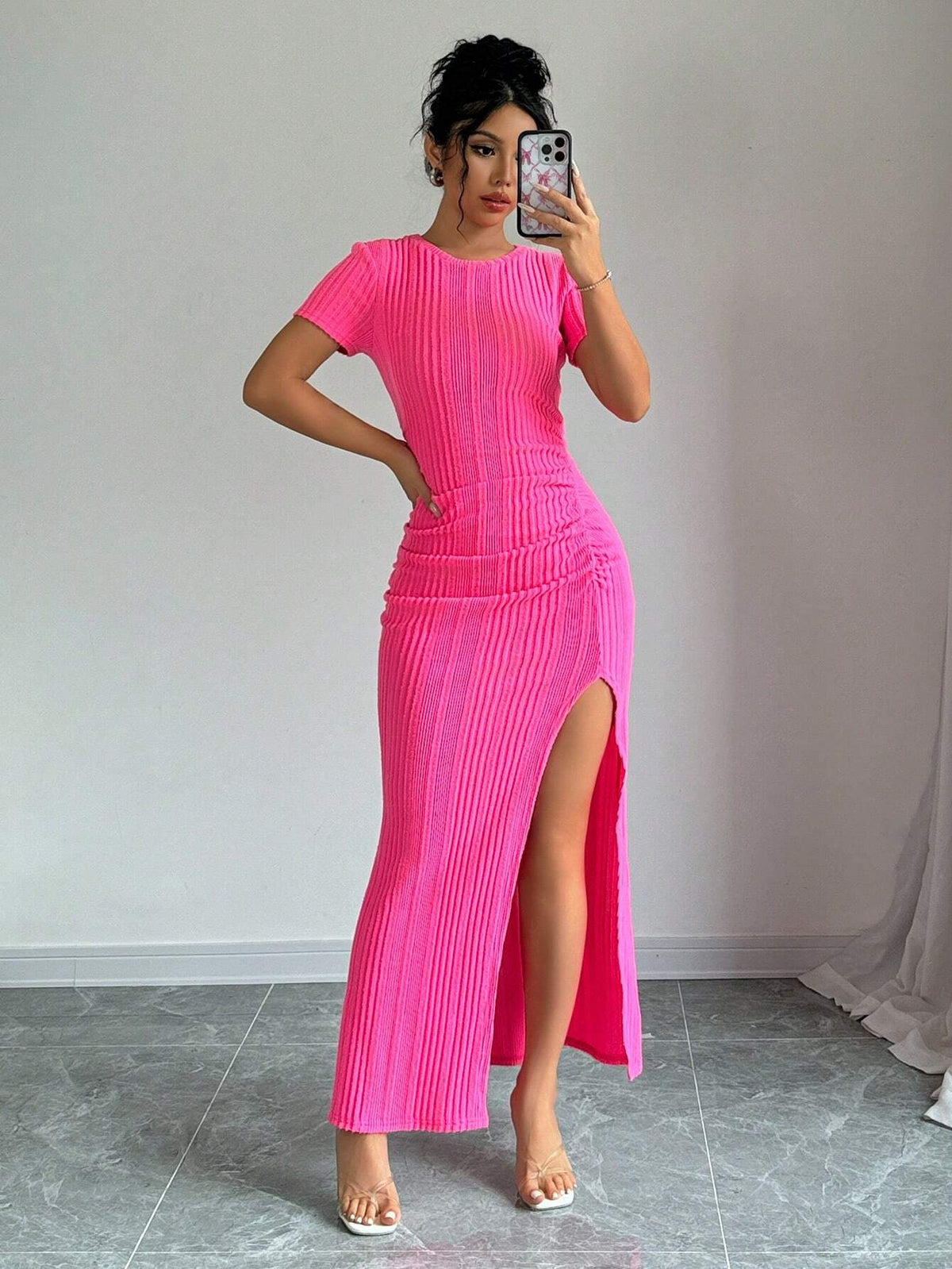 Women's Summer Solid Color Short Sleeve Ruched Front Slit Lace Hollow Out Dress