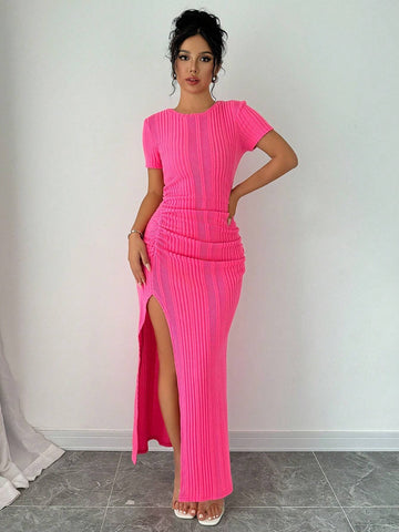 Women's Summer Solid Color Short Sleeve Ruched Front Slit Lace Hollow Out Dress