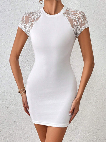 Women's Summer Solid Color Slim Fit Mini Lace Patchwork Dress
