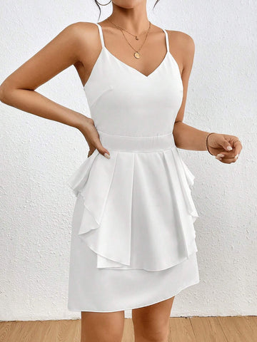 Women's Summer Solid Color Splicing Ruffle Hem Spaghetti Strap Casual Dress