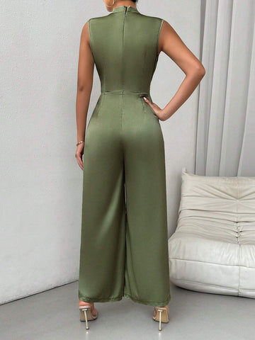 Women's Summer Solid Color Stand Collar Elegant Pleated Dark Green Jumpsuit