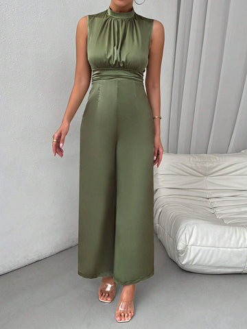 Women's Summer Solid Color Stand Collar Elegant Pleated Dark Green Jumpsuit