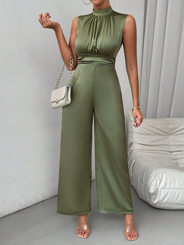 Women's Summer Solid Color Stand Collar Elegant Pleated Dark Green Jumpsuit